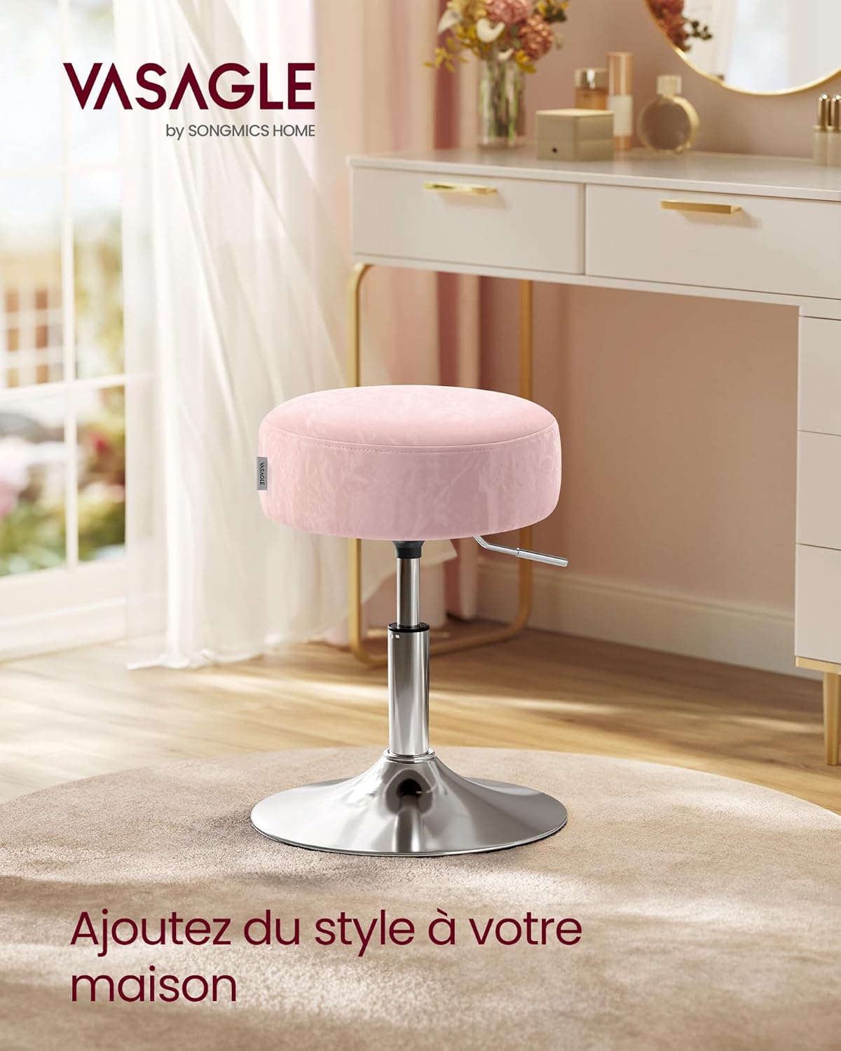 VASAGLE - Tabouret réglable, pivotant, coussin épais, PU, rose, LJB120S01