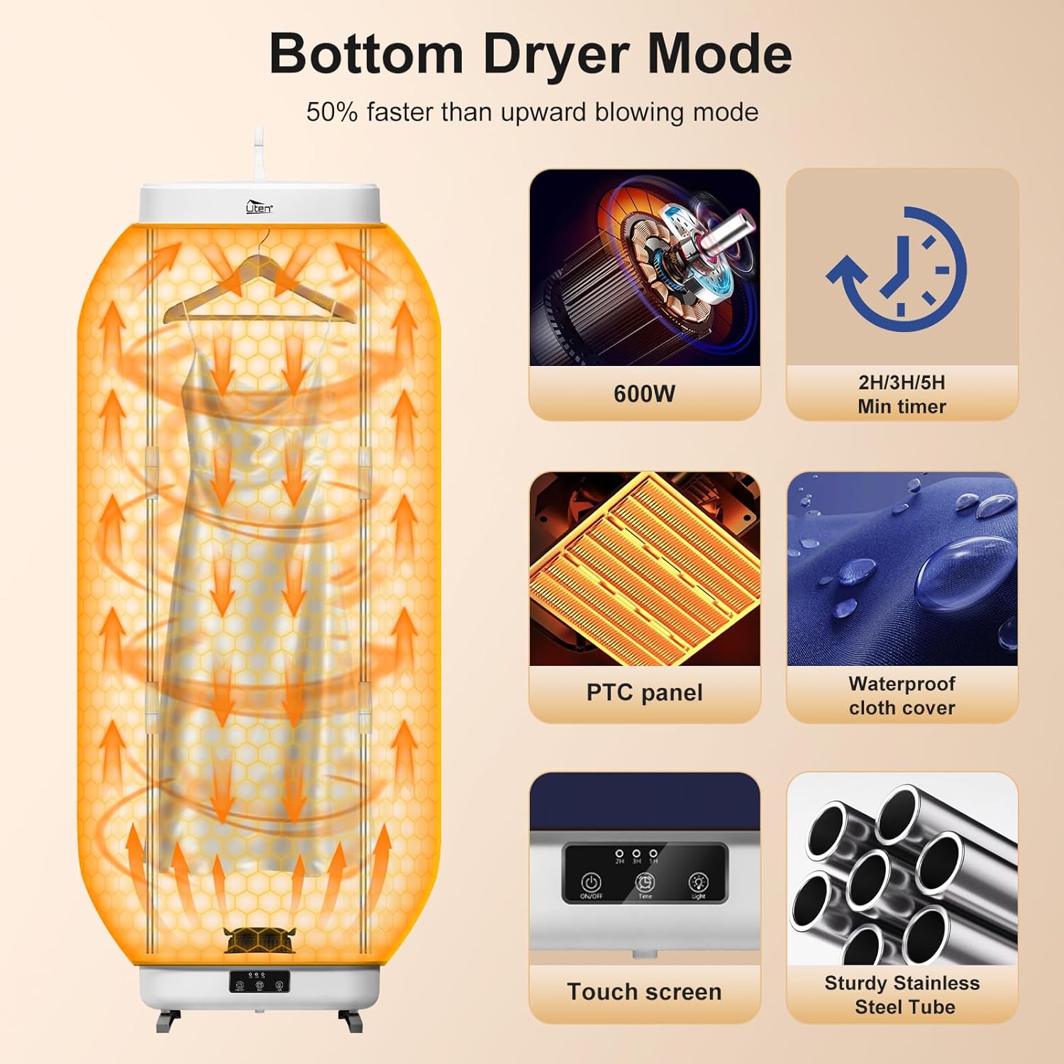 Uten - sèche-linge portable - compact 600W - minuterie amovible, à suspendre ou poser