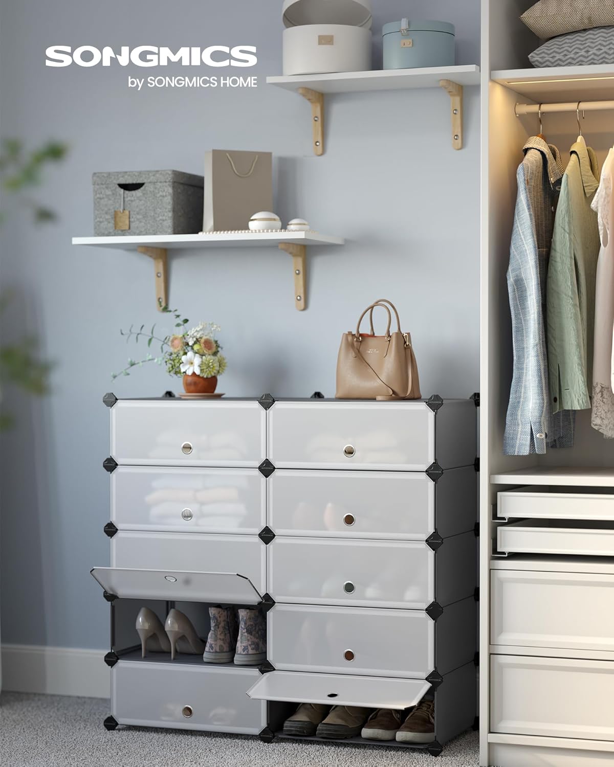 SONGMICS - Meuble à chaussures 10 compartiments, 20 paires, porte, malliet, gris LPC010G01