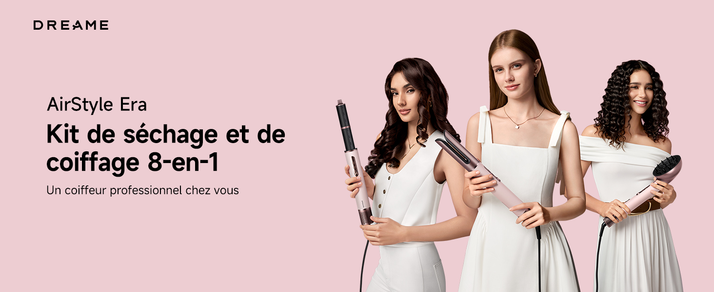 Le texte indique « DREAME », « AirStyle Era », « Kit de sechage et de coiffage 8-en-1 ». Vitrine de produits d'outils de coiffure avec plusieurs accessoires de brosse affichés sur fond rose.