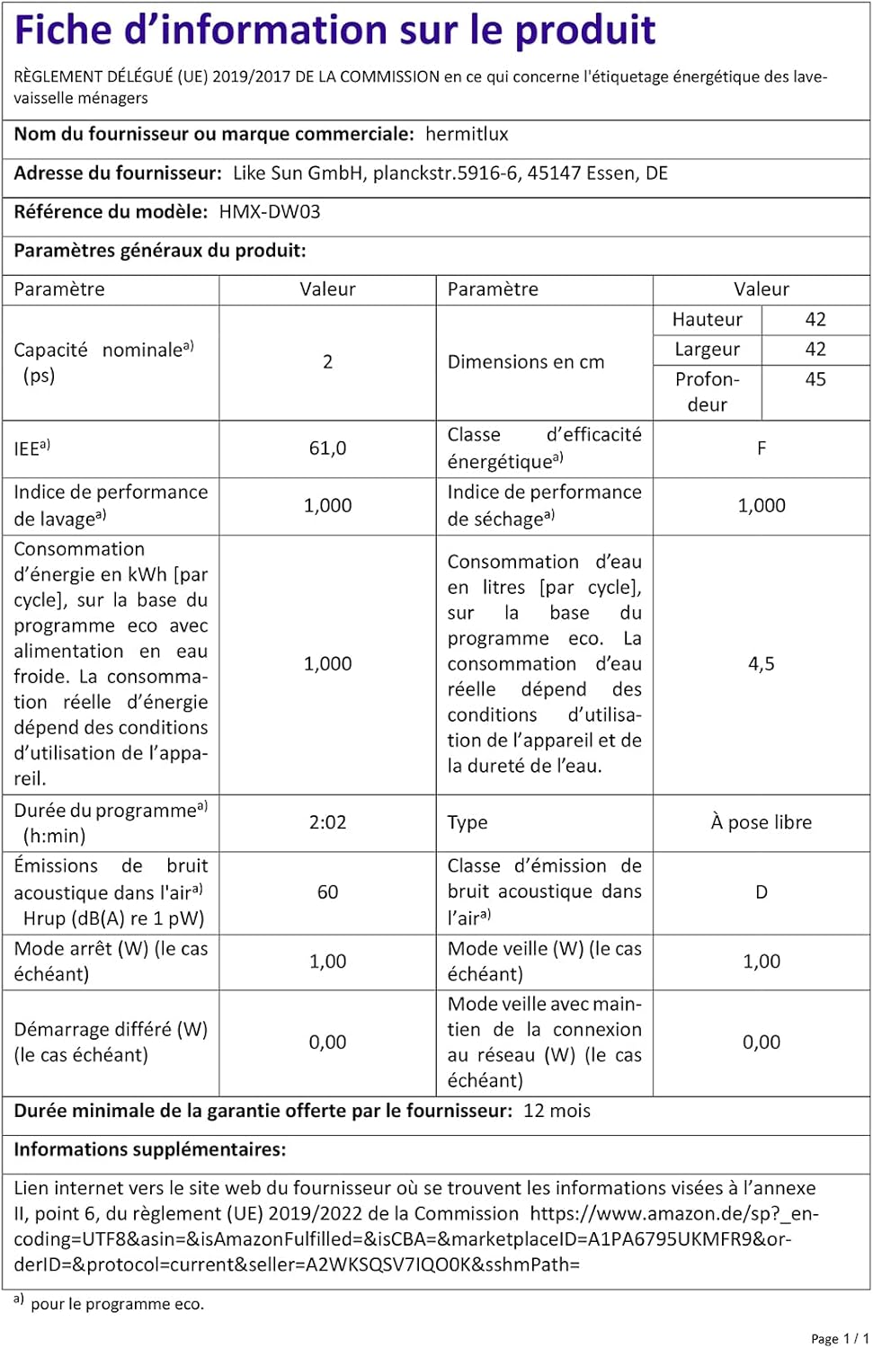 Hermitlux - Mini lave-vaisselle - 43 cm - 4 couverts, sans raccord eau