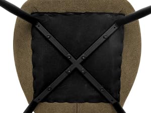 Vue du dessous d'un siège de chaise montrant des sangles de soutien croisées noires sous une surface rembourrée brune