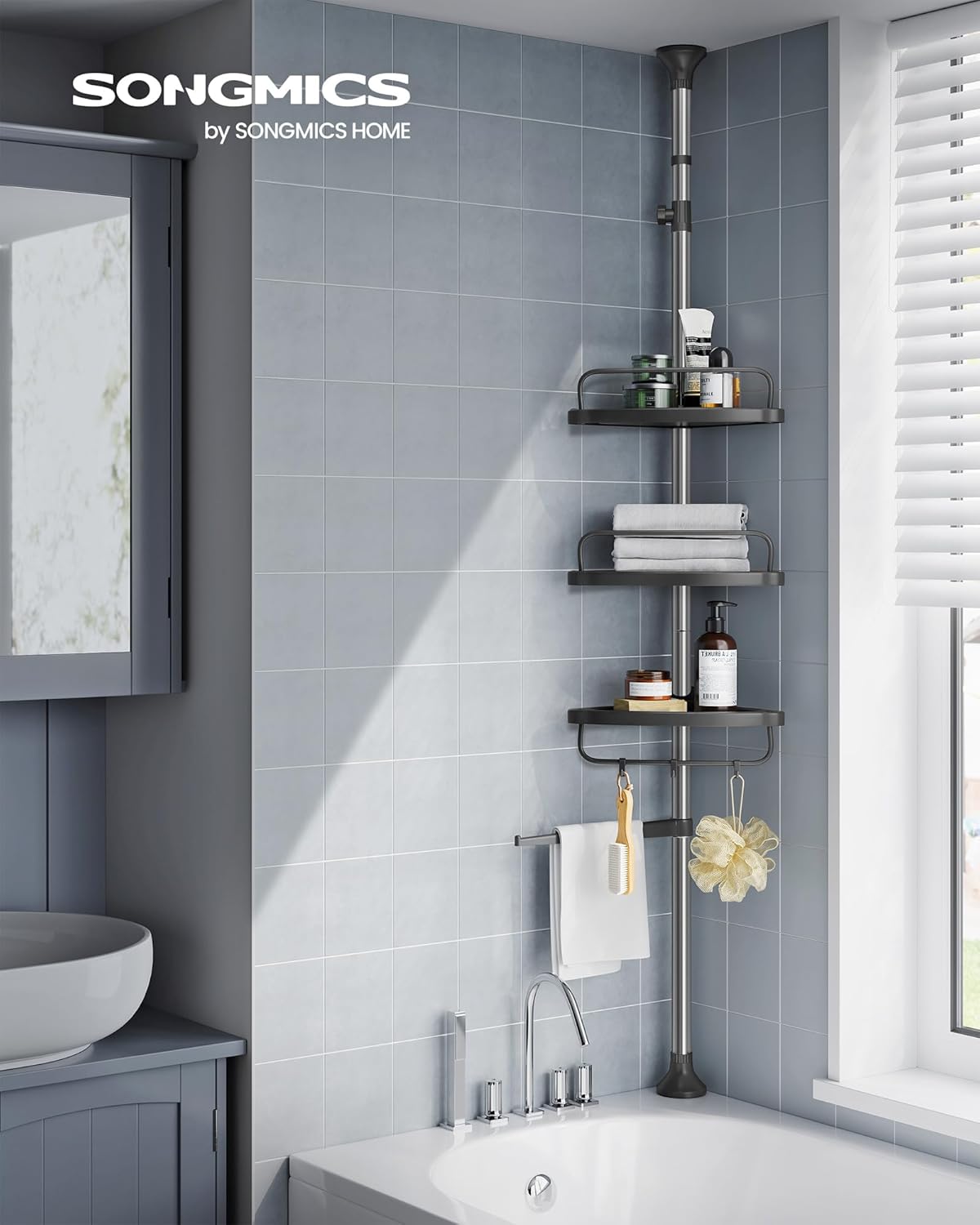 SONGMICS - étagère réglable salle de bain - 95-300 cm - inox, 4 niveaux, crochets, porte-serviettes, BCB002B01