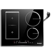 Surface de la table de cuisson à induction en verre noir montrant plusieurs zones de cuisson avec commandes tactiles et affichages numériques.