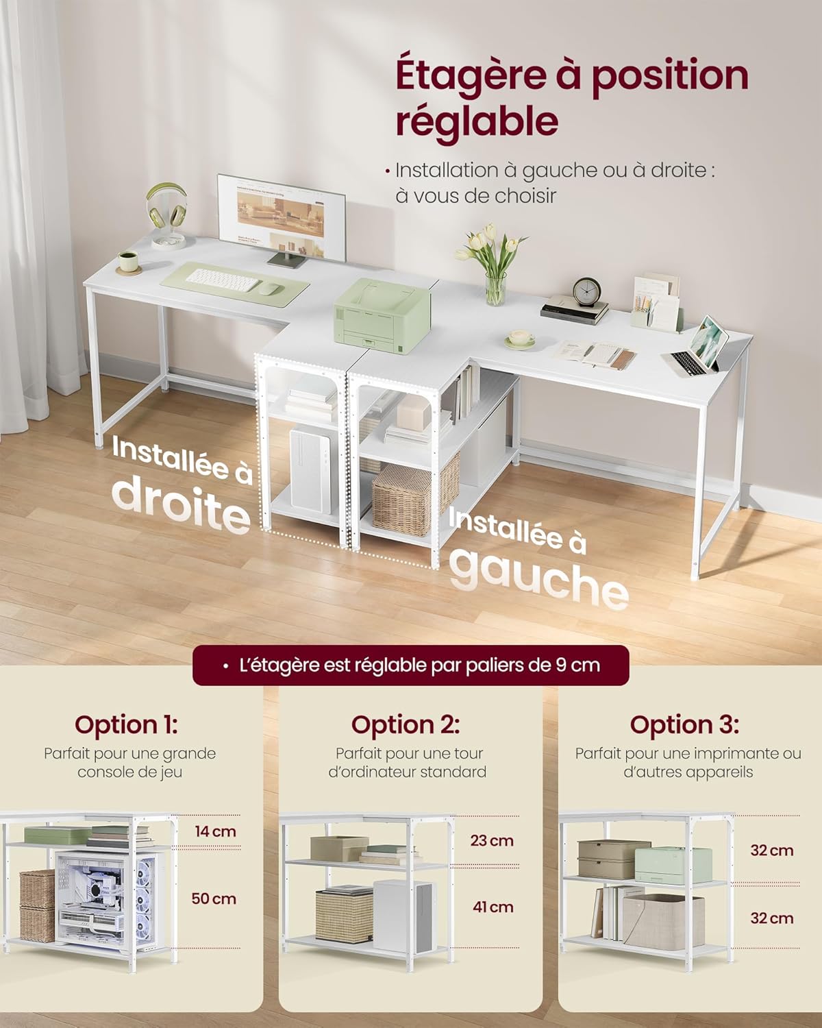 VASAGLE - Bureau en L avec rangement, étagères réglables, 110x80 cm, LWD135WF01