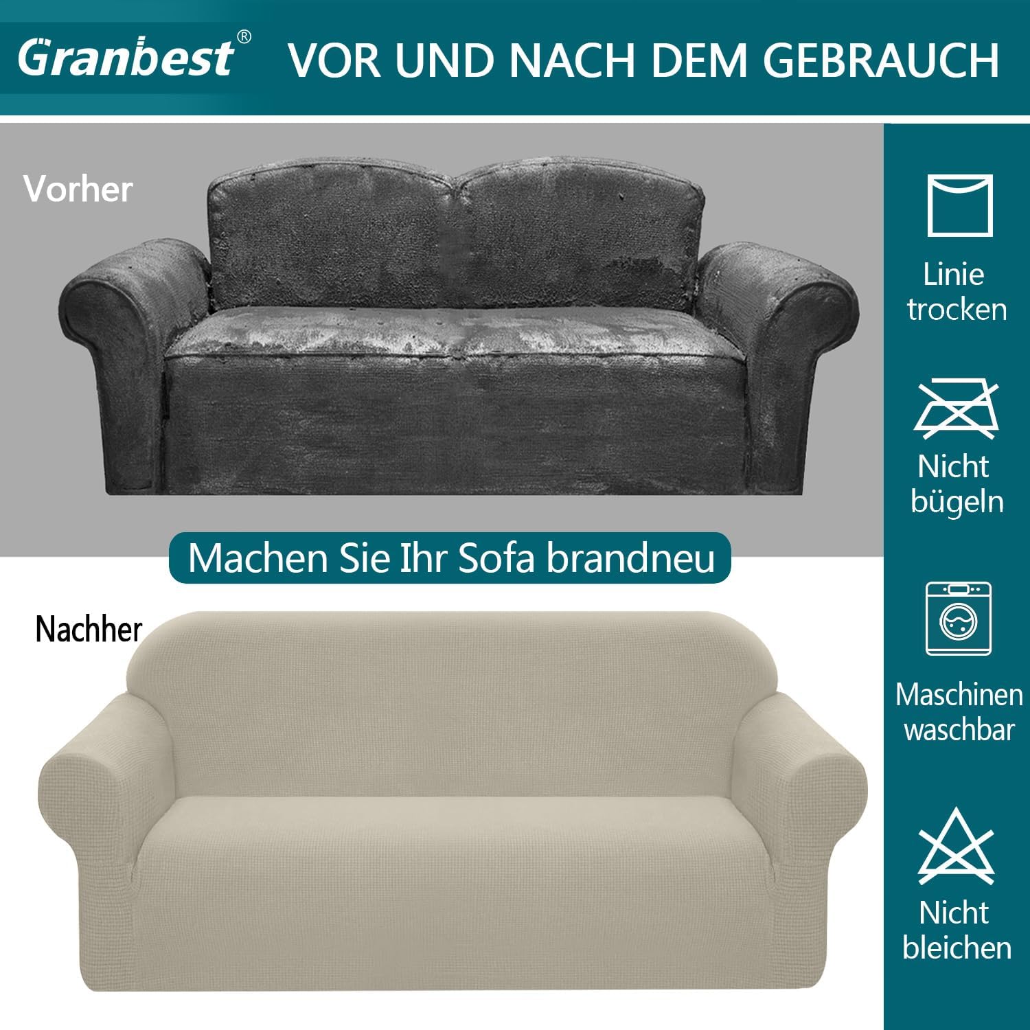 Granbest - housse stretch imperméable 3 places - sable - mousse antidérapante