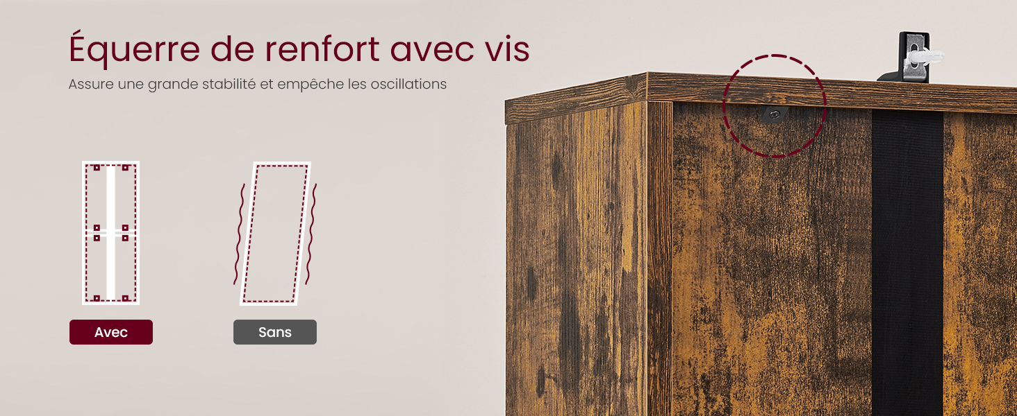 Schéma technique et images de supports de renforcement de portes ou de meubles en bois avec trous de vis, montrant les détails de l'installation.