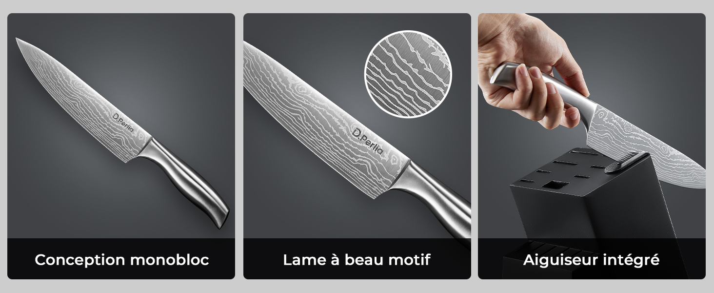 avec lame en acier damassé illustré en trois vues mettant en valeur la construction monobloc et l'aiguiseur intégré