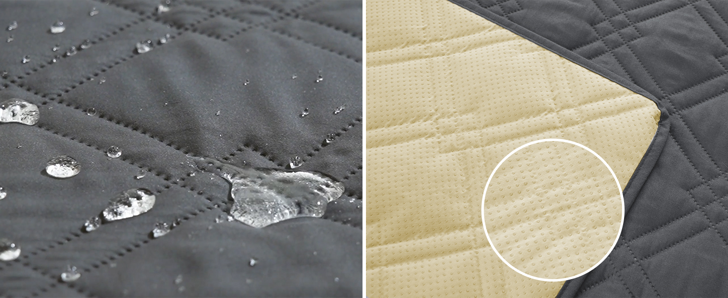 : La gauche montre un tissu résistant à l'eau avec des gouttelettes. La partie droite présente une matière matelassée avec une section circulaire agrandie révélant de fins détails de coutures