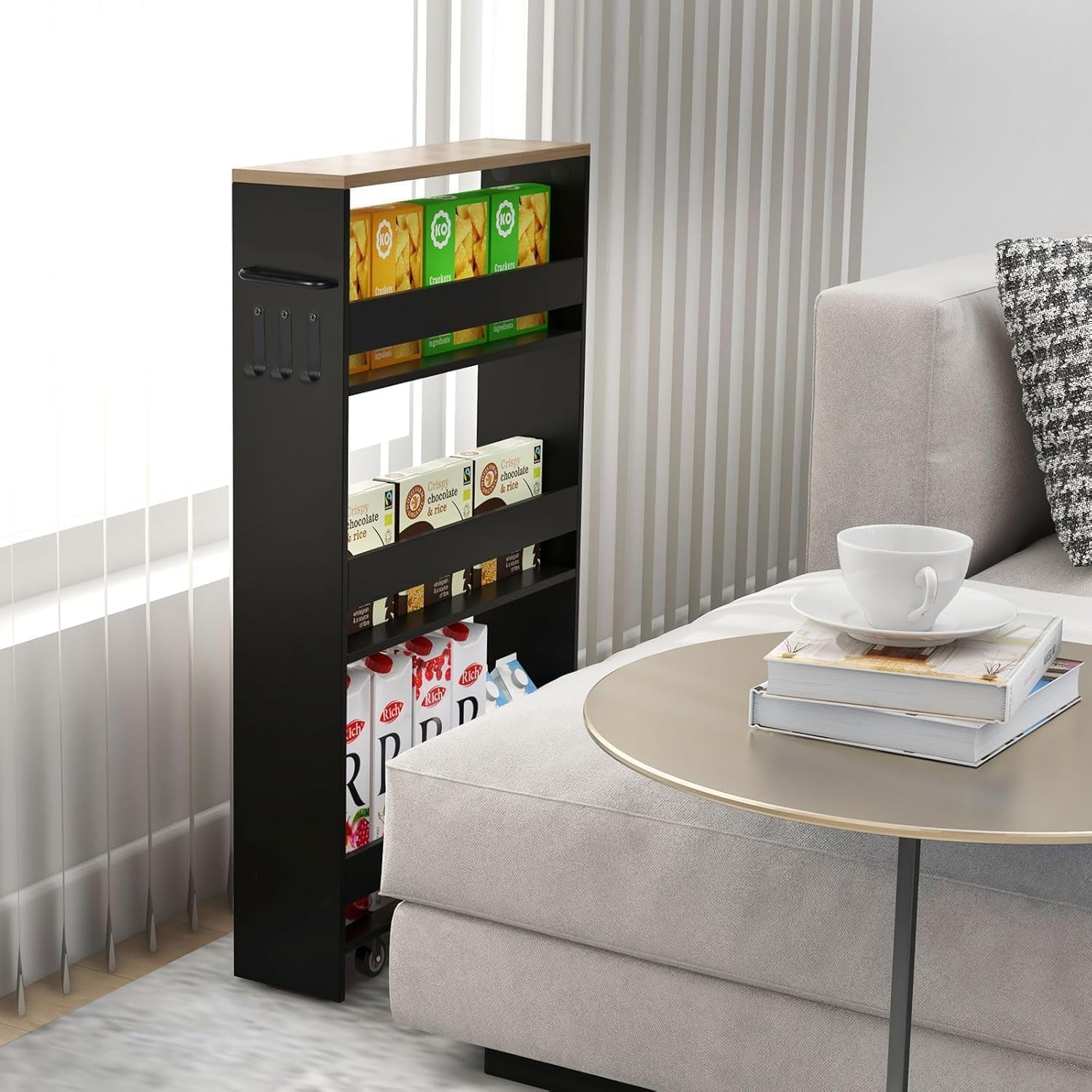 Chariot de rangement 15 cm, 4 niveaux, poignée et crochets, noir/naturel