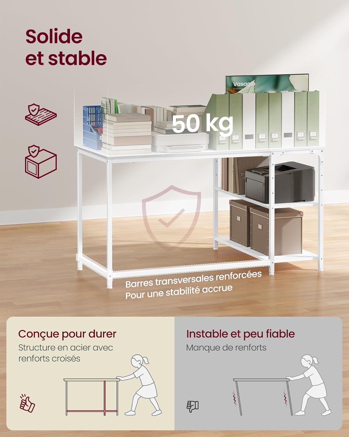 VASAGLE - bureau gaming réversible 120x80cm, étagères réglables, LWD136WF01