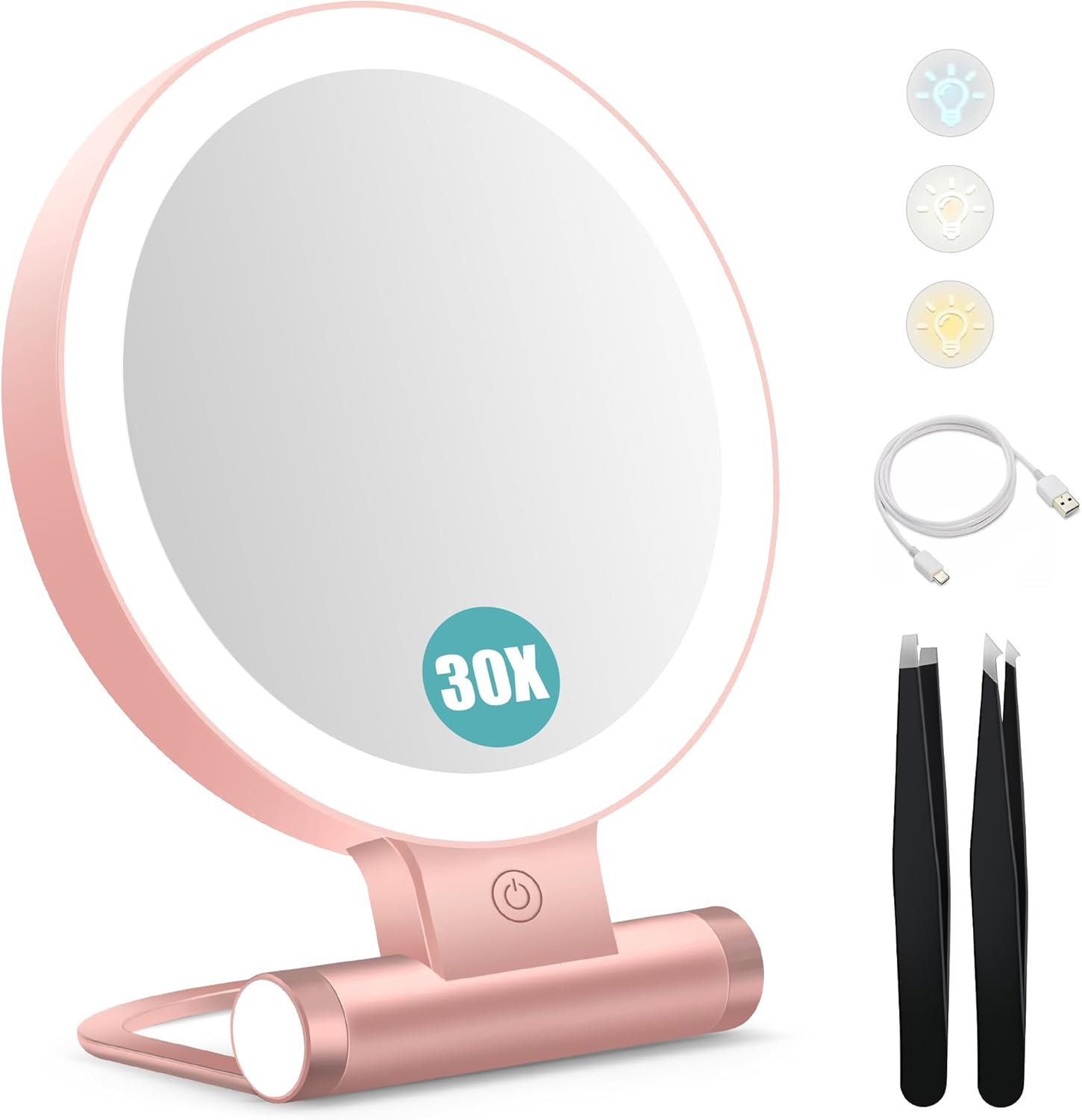 Miroir de maquillage - double face 1X/30X, 3 modes, lumière, 2000mAh, pliable, compact, format voyage