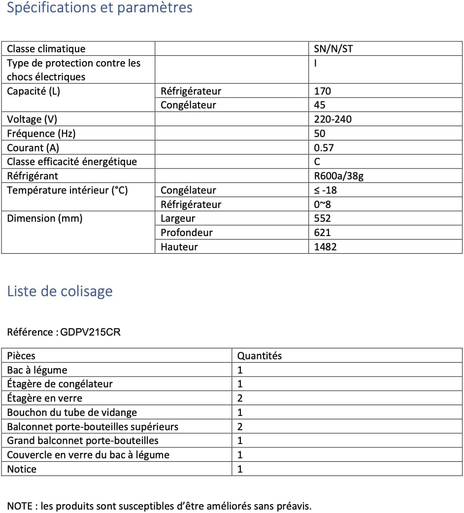 GEDTECH - Réfrigérateur vintage double porte 215L crème, classe E GDPV215CR