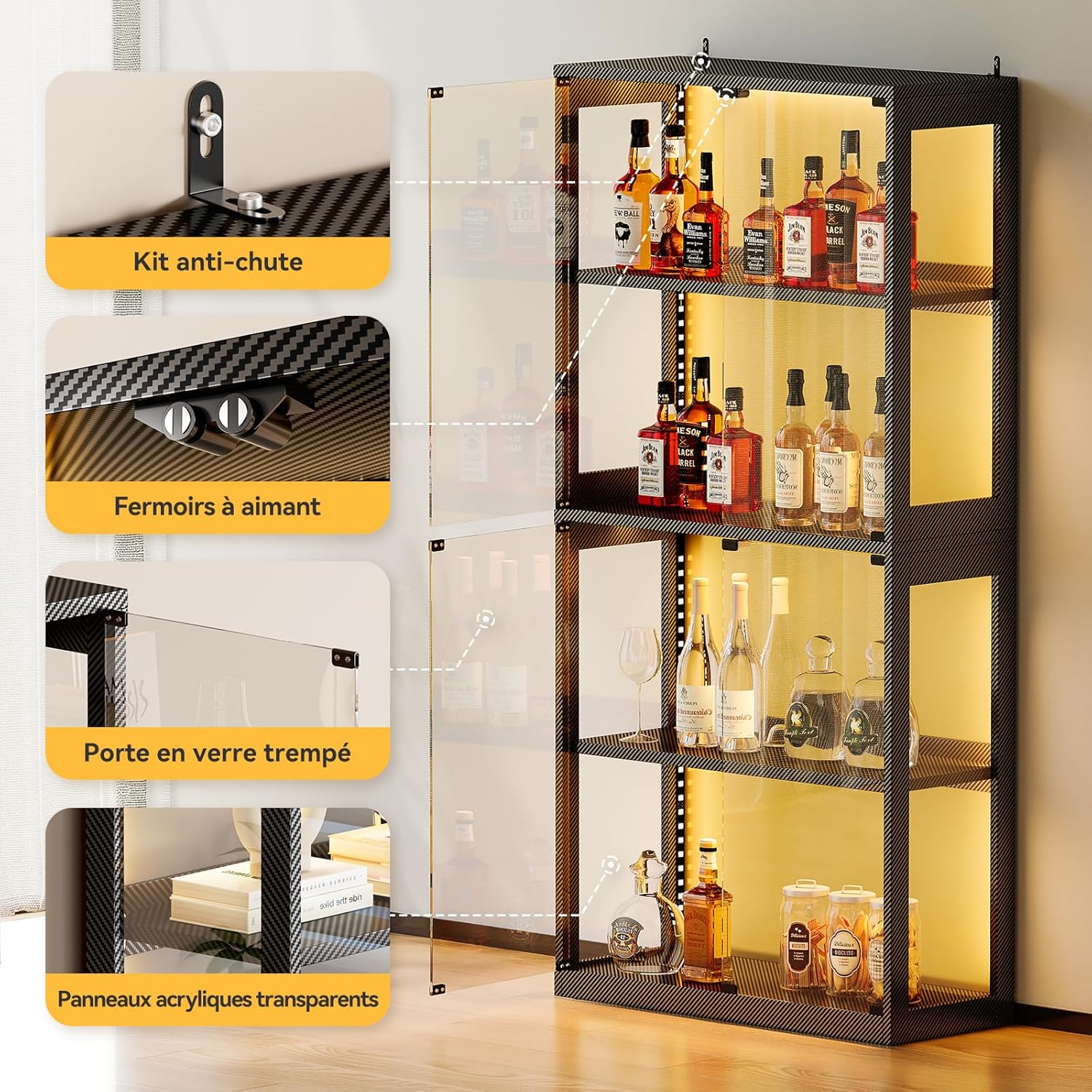 Coleshome - vitrine 4 étagères LED - portes verre, kit anti-chute, noir