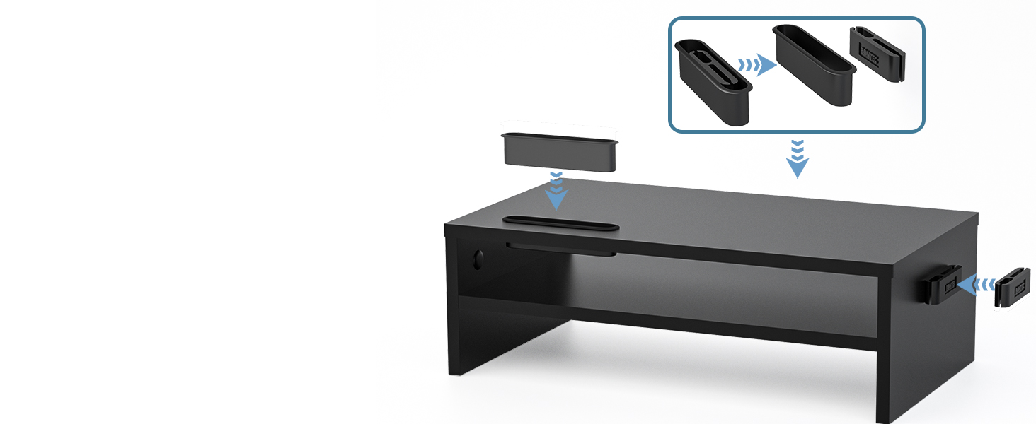 un bureau noir avec un haut-parleur bleu sur le dessus.