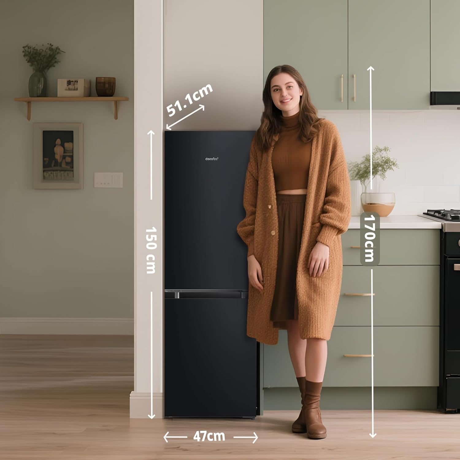 Comfee' - réfrigérateur congélateur - 150 cm - 115L/59L, Low Frost, LED, noir - RCB169DK2(E)