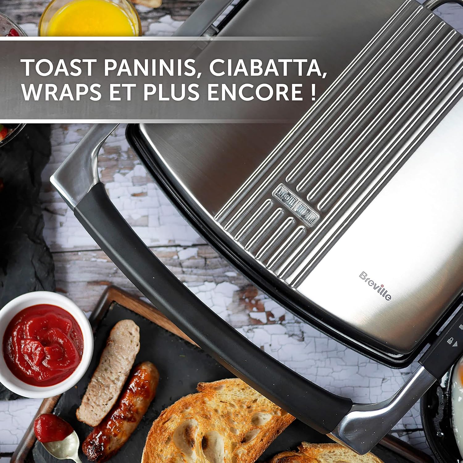 Breville - Sandwich/Panini Press 4 tranches, inox, plaques antiadhésives - VST026X