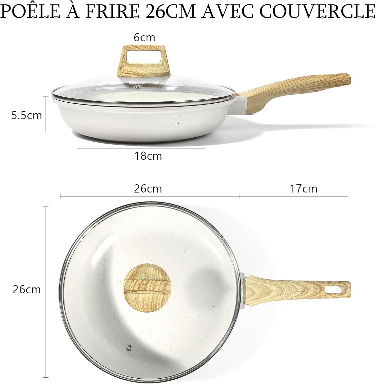 GiPP - poêle à frire granit série blanche - 26 cm - antiadhésive, induction, sans PFAS/PFOA, manche froid, avec couvercl