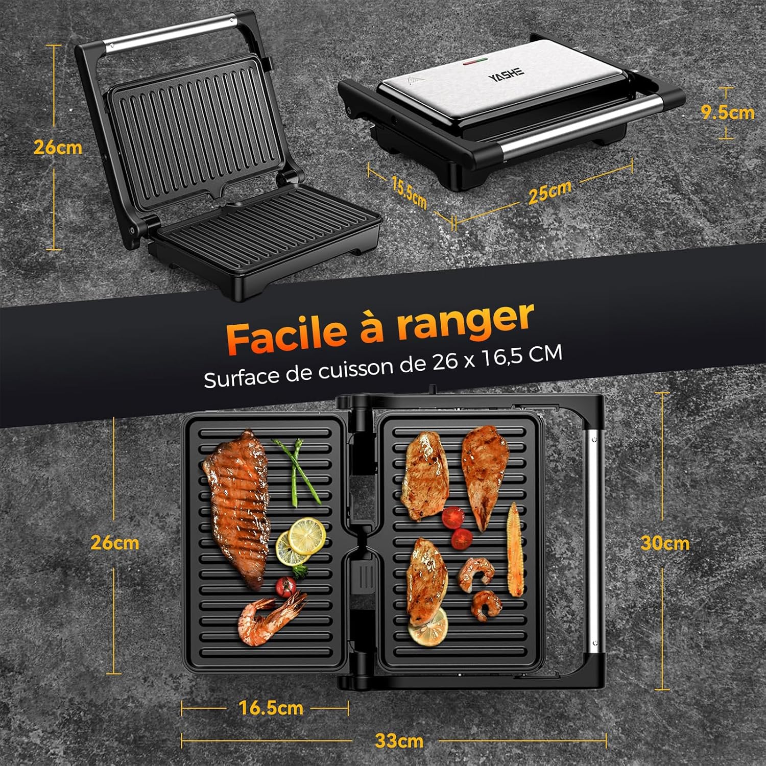 YASHE - Grille-Panini 2 tranches, 1500W, plaques XXL antiadhésives