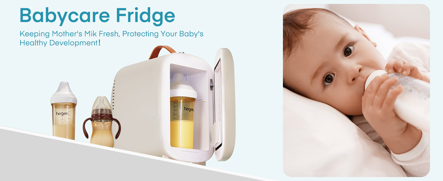 Babycare : réfrigérateur portable compact pour ranger les biberons et les aliments. Meuble blanc avec porte transparente, mettant en valeur les objets entreposés