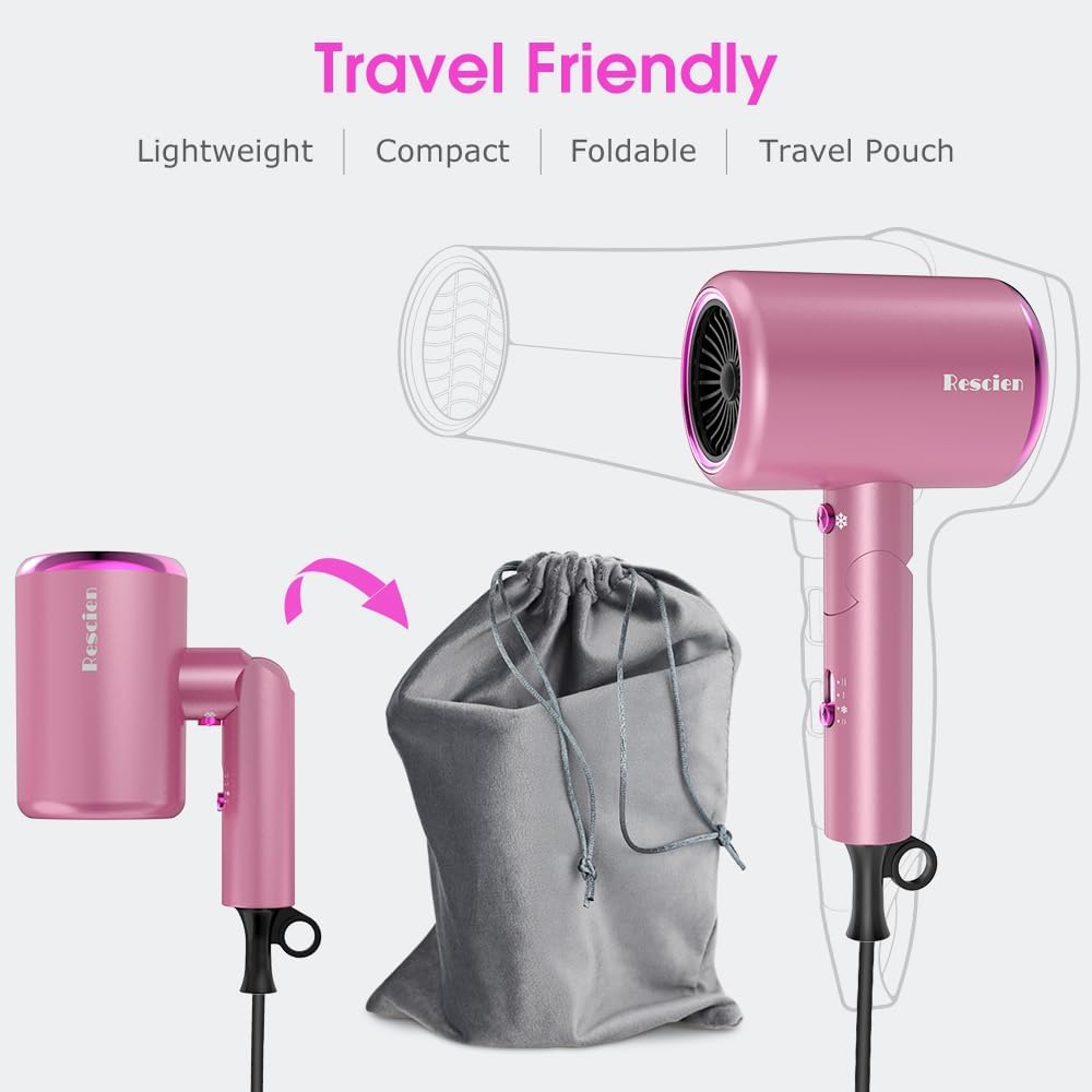 Sèche-cheveux ionique pliable - 2400W, léger, 3 vitesses et accessoires