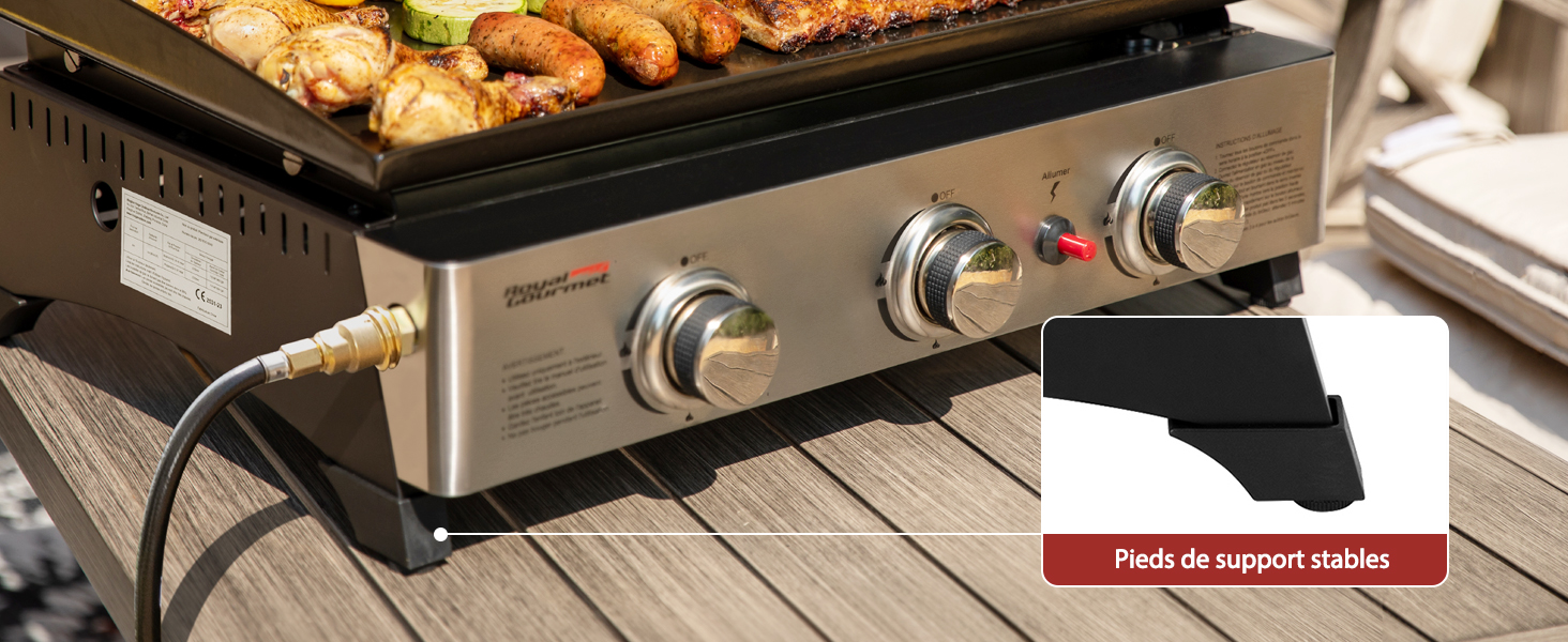 avec plusieurs boutons de commande. Le gros plan montre des pieds de support pliables pour plus de stabilité pendant l'utilisation
