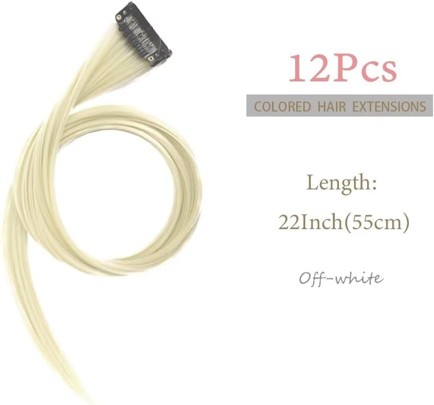 Mèches capillaires - 55 cm - 12 mèches blanches crème, clips multicolores