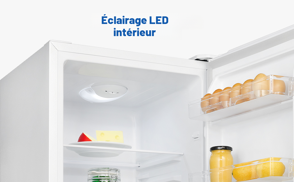 Le texte indique « Éclairage LED intérieur ». Plusieurs images montrant un éclairage LED intérieur dans les compartiments du réfrigérateur éclairant les aliments entreposés.