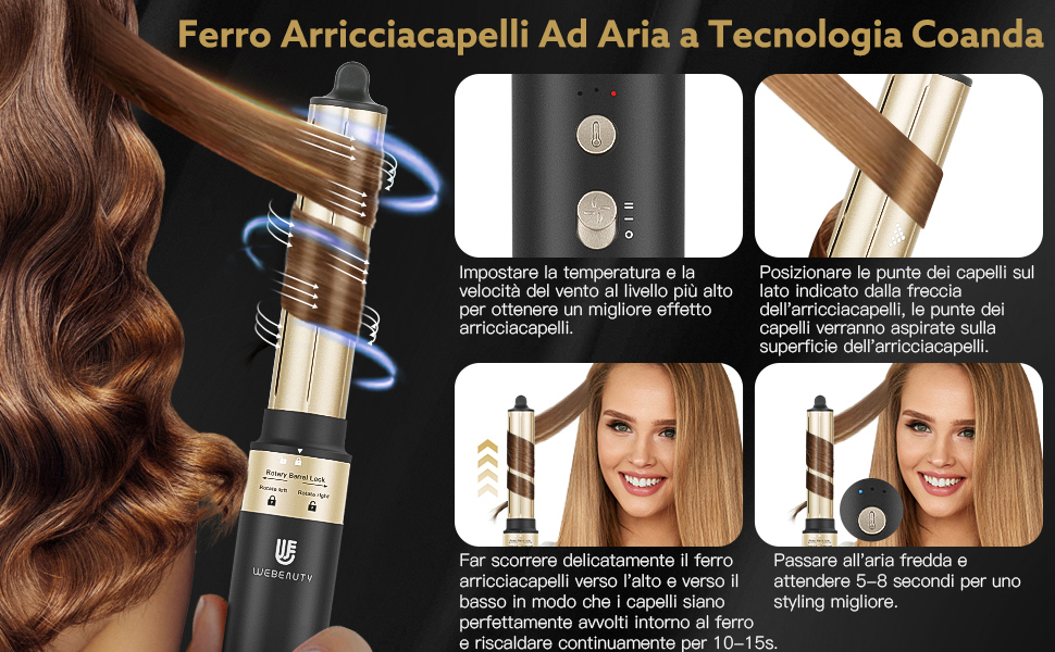 doté de la technologie Coanda. Fer à friser doré illustré avec le diagramme du flux d'air et les résultats avant/après