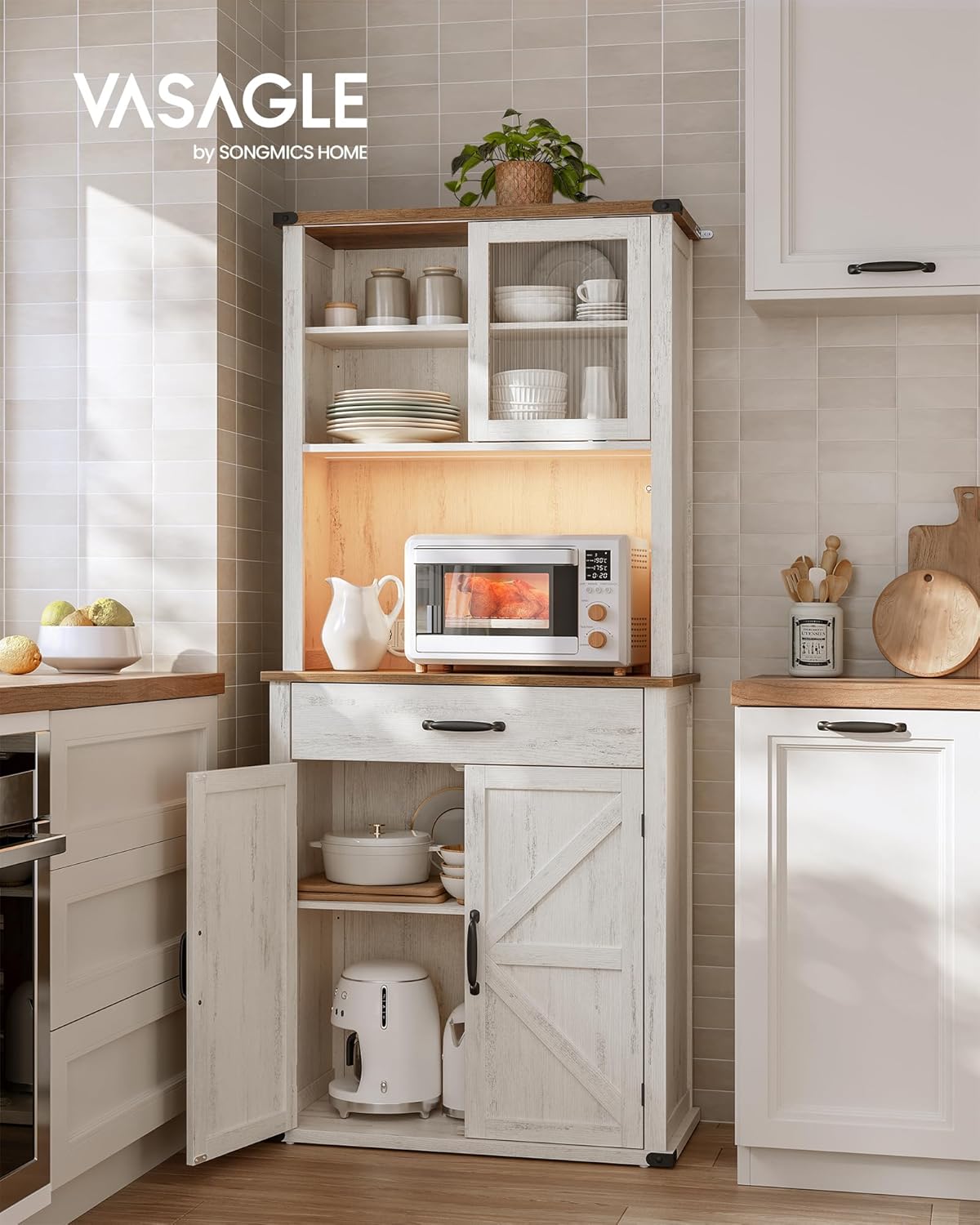 VASAGLE - meuble de rangement campagne, 39,5x80,4x180,6cm, éclairage, étagères, ports USB, BBK363W22V1