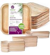 Vaisselle jetable de 100 pièces, 25 assiettes carrées en feuille de palmier de 20 cm, ensemble de...