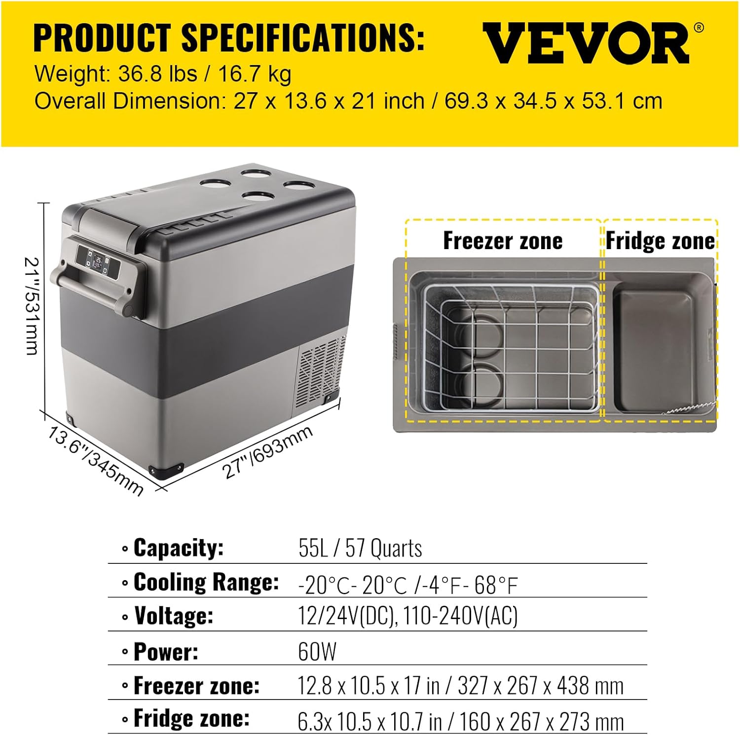 VEVOR - Glacière électrique 55L, 69x34,5x53,1cm, -20 à 20°C, réfrigérateur portable