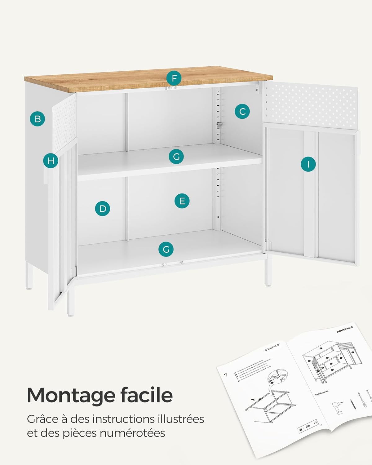 SONGMICS - Buffet double porte métal, 40x80x76cm, bois/blanc, LSC102W57