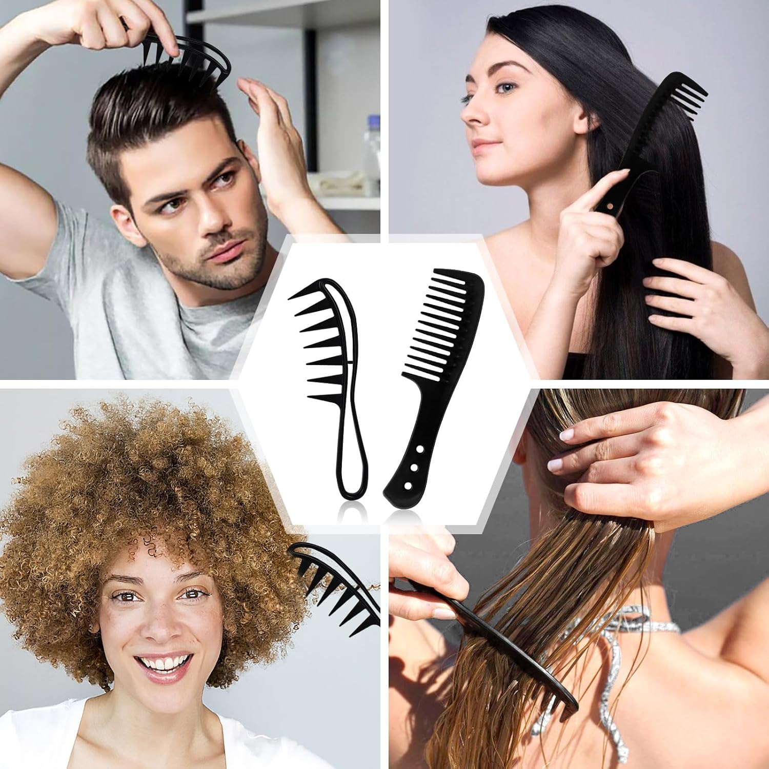 Peigne à cheveux - fibre de carbone, dents larges, bouclés, pack 2