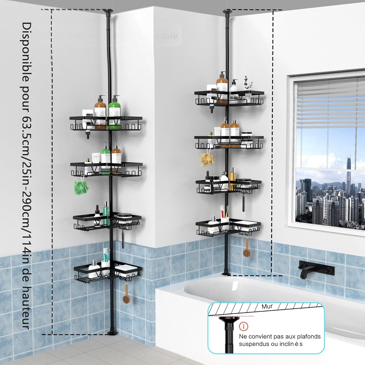 Kegii - étagère douche télescopique, 4 paniers réglables, noir