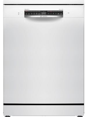 Série d'images montrant un lave-vaisselle blanc sous différents angles. Design épuré et moderne avec finition en acier inoxydable.