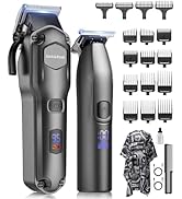 Ensemble de tondeuses à cheveux professionnelles avec affichage numérique, comprenant plusieurs protections de fixation, une brosse de nettoyage et des accessoires de chargement en finition gris bronze.