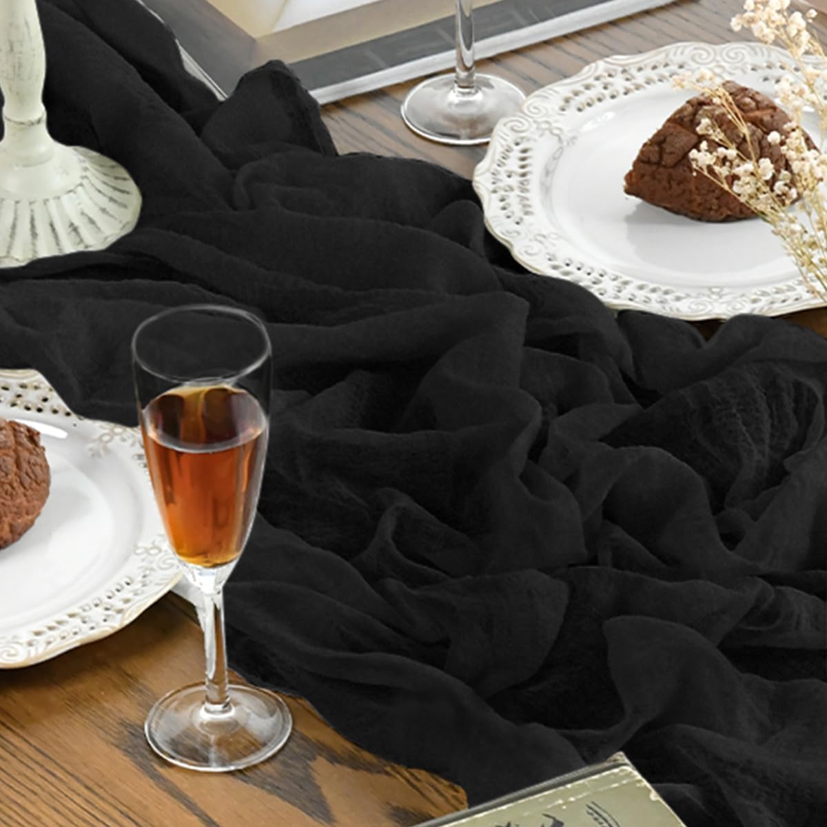 Artoid Mode - Chemins de table bohème noir - 300 cm - mousseline gaze, déco mariage/fête