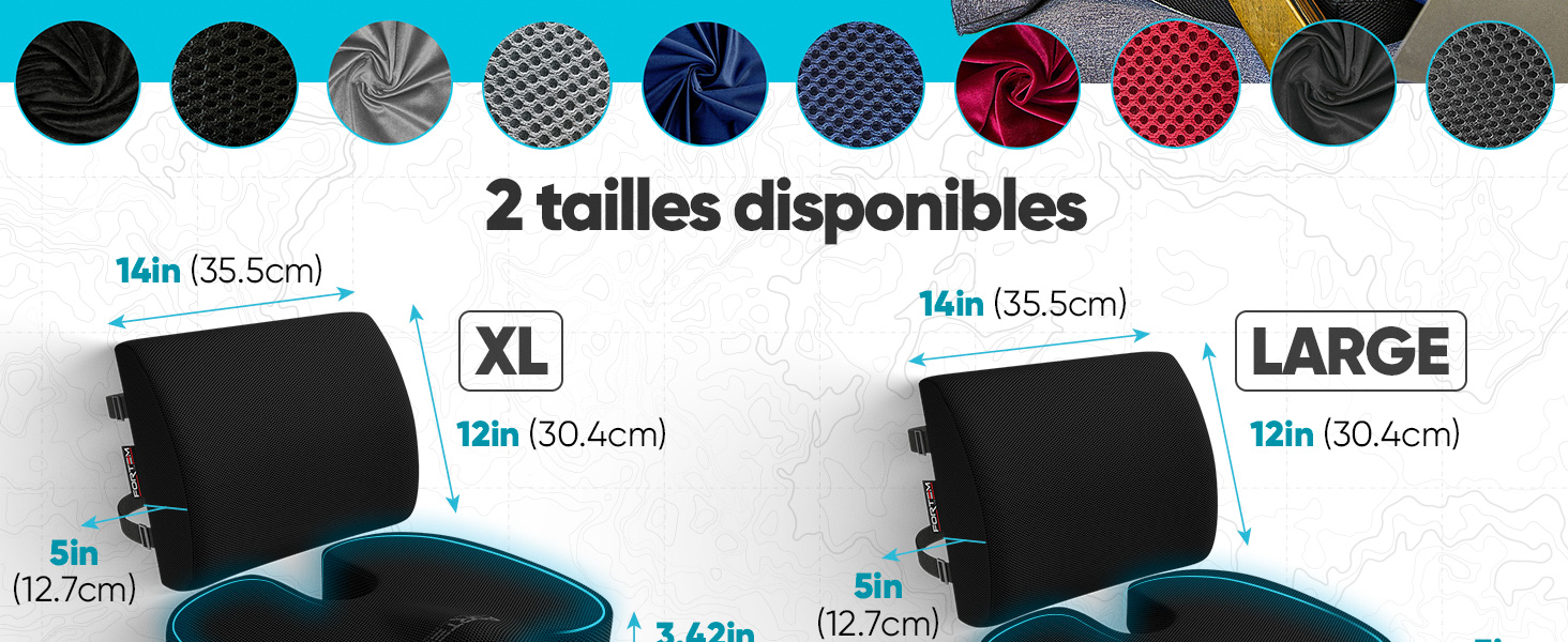 Le texte indique « XL » et « LARGE ». Rangée d'échantillons de couleurs montrant différentes options de tissus ou de matériaux, avec de petits échantillons circulaires disposés horizontalement.