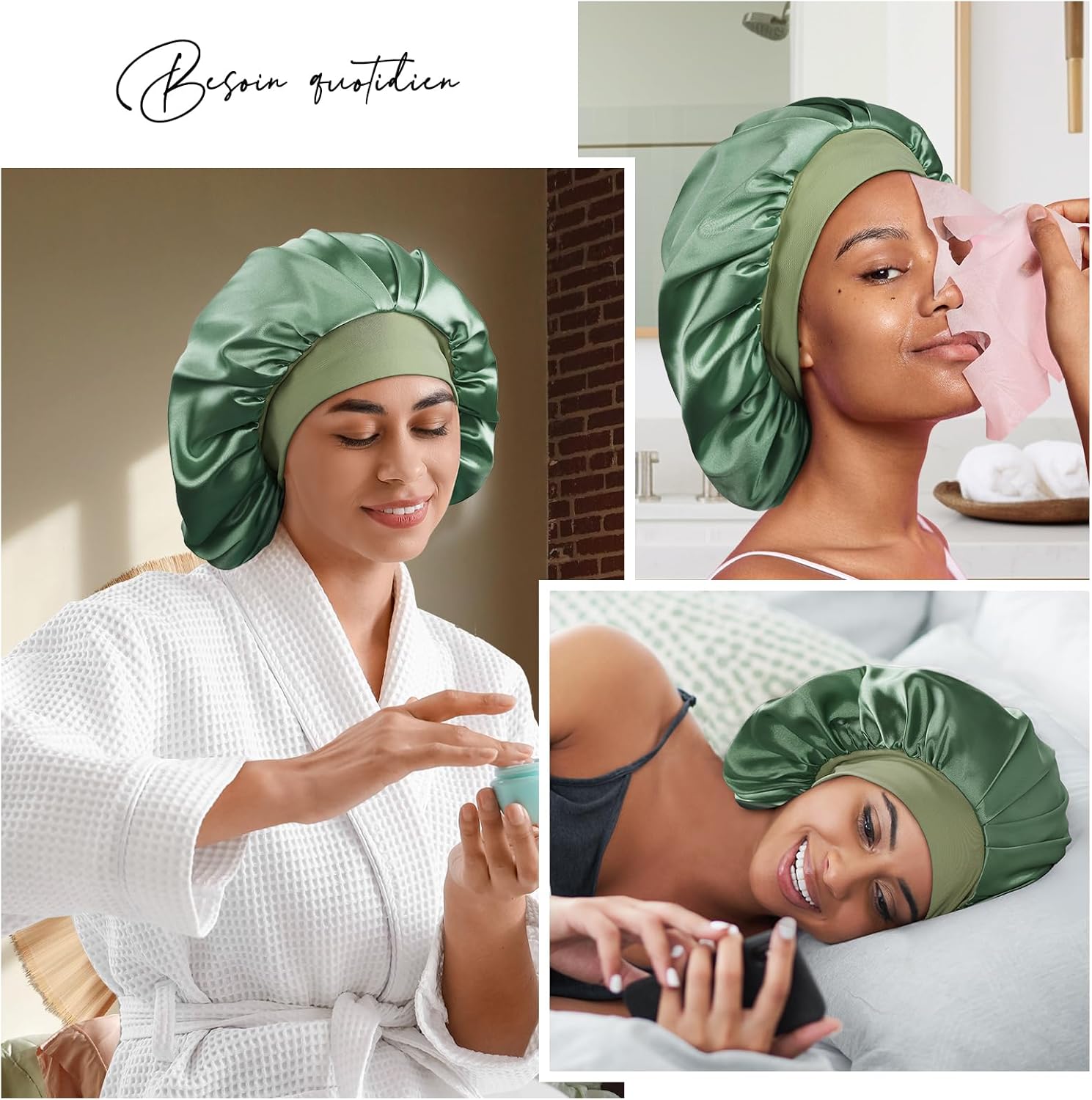 Umisleep - Bonnet nuit soie 22 Momme, double épaisseur, vert, cheveux longs ou bouclés