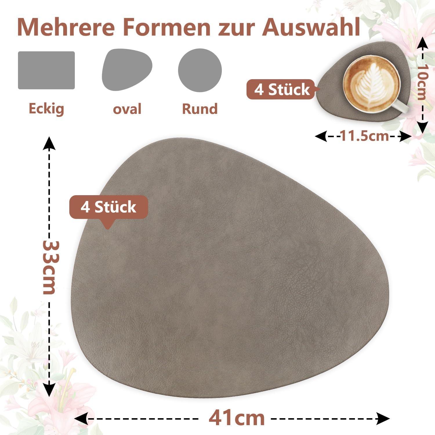 Set de table - lot de 4, cuir PU double face, 41x33cm, antidérapant