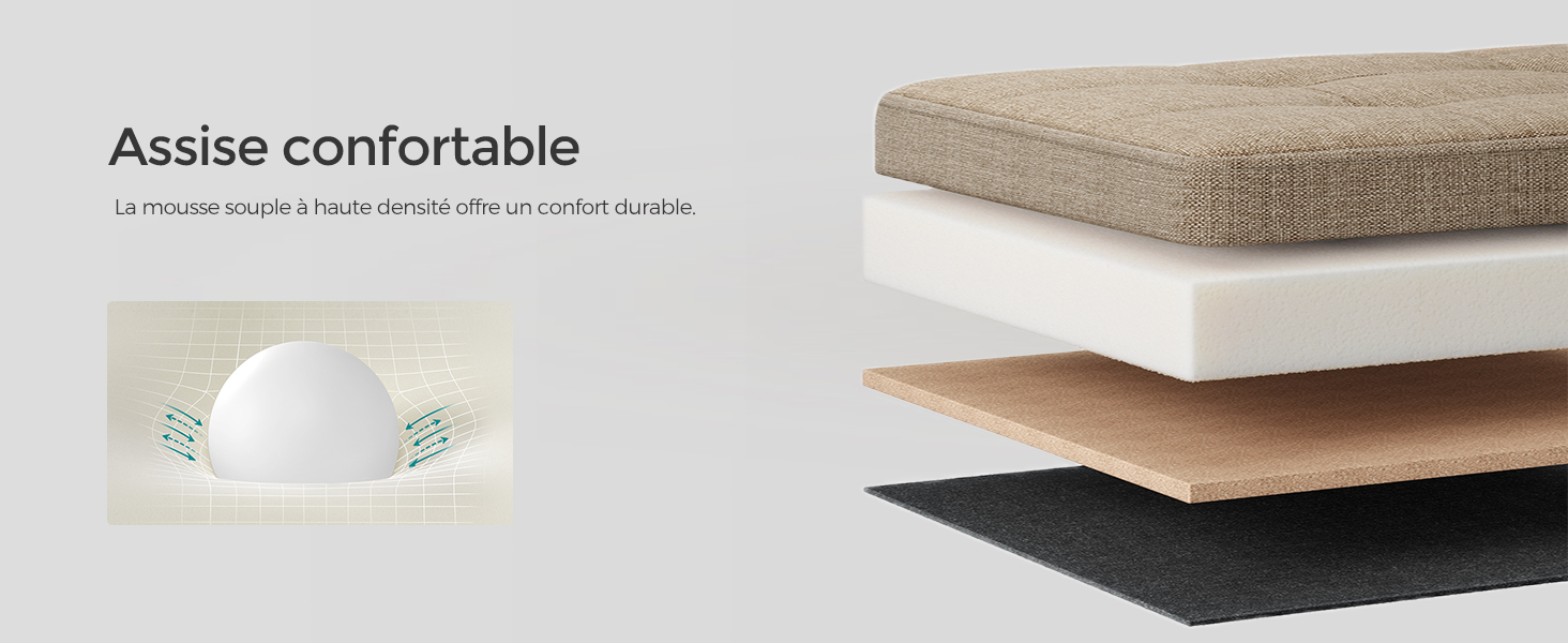 Plusieurs couches de coussins de différentes couleurs et textures empilées verticalement, mettant en valeur différents matériaux pour une assise confortable. Texte « Assise confortable » visible