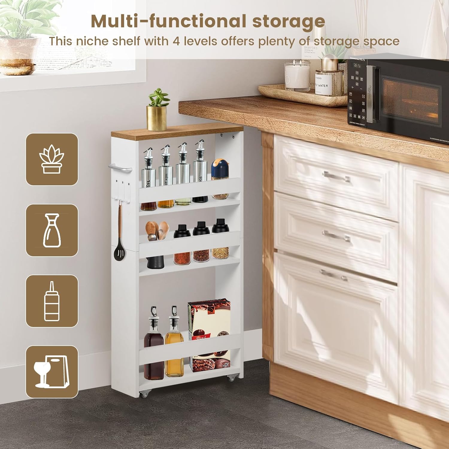 Desserte à roulettes - 4 niveaux, 40x15x80 cm, chêne clair & blanc, poignée et roulettes