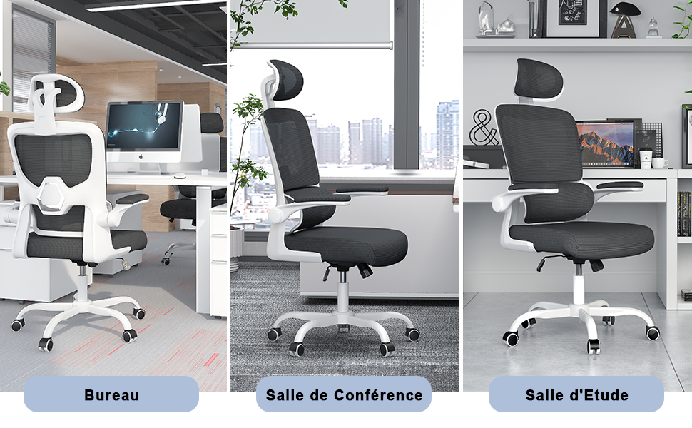 avec dossier en maille noire, appui-tête réglable et cadre blanc présentée dans trois configurations de bureau : bureau, salle de conférence et étude