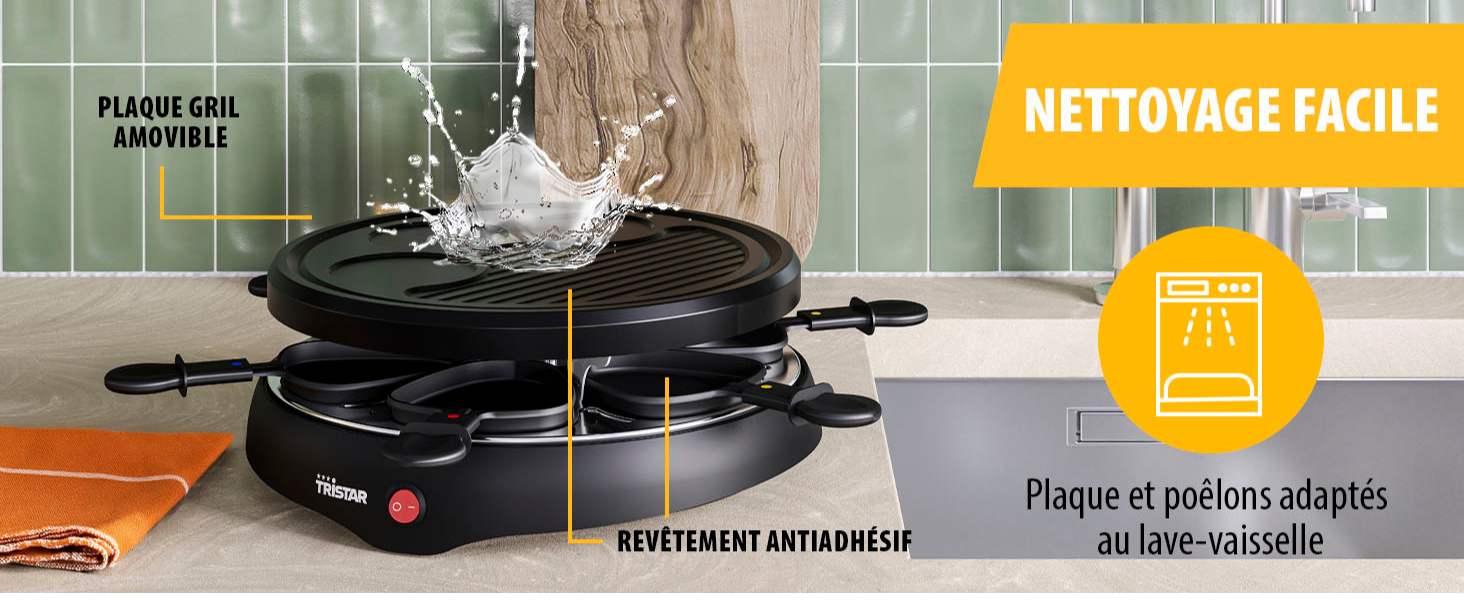 Le texte indique « NETTOYAGE FACILE ». Photo du produit d'un appareil à raclette électrique noir avec démonstration d'éclaboussures d'eau montrant la fonction de nettoyage facile.