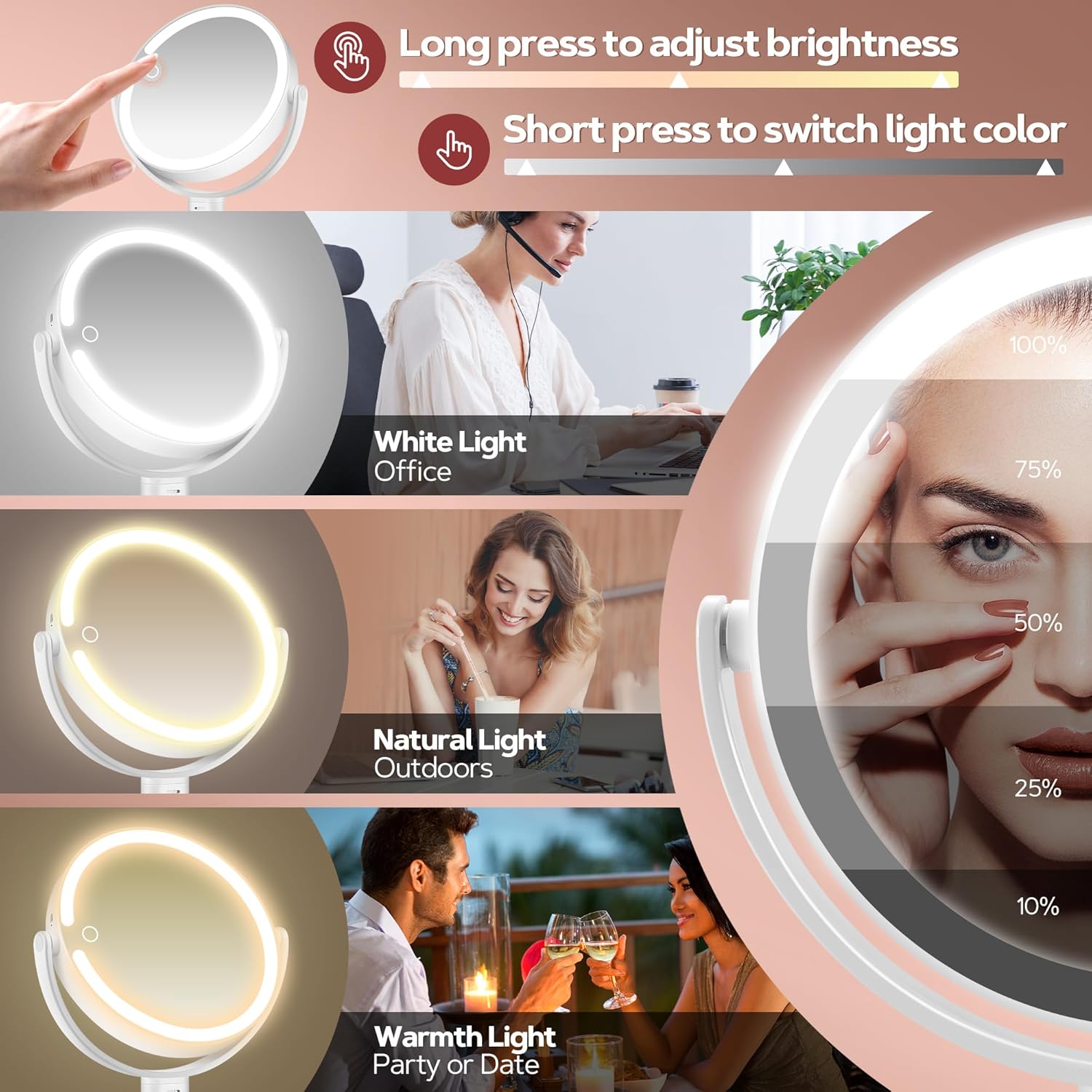 B Beauty Planet - miroir maquillage 2 faces - éclairé LED, 30X, 3 couleurs, hauteur réglable, blanc