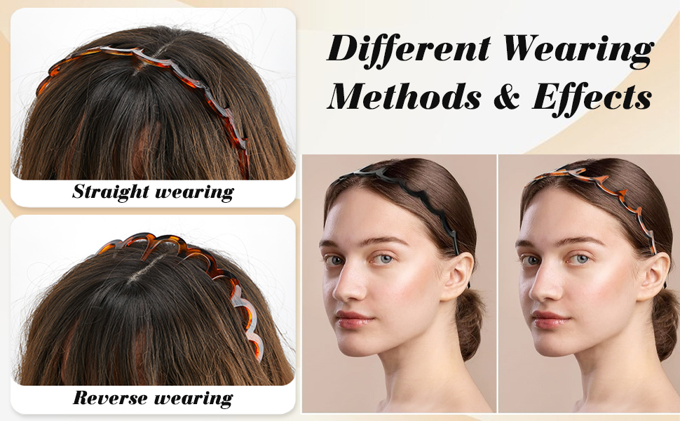 Image composite montrant différentes méthodes de port d'un bandeau métallique fin et ondulé. Démontre des styles de port droits et inversés, avec des gros plans montrant le placement dans les cheveux et sur les mannequins