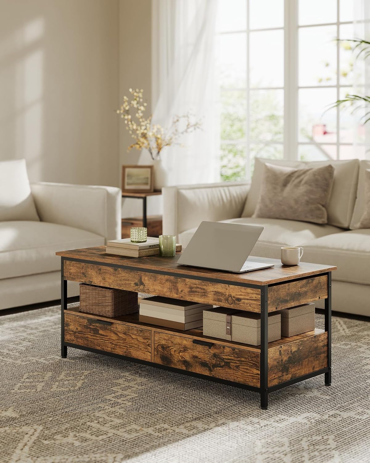 VASAGLE - table basse série LCT252K01 - 50x120cm - plateau relevable, tiroirs, compartiment caché