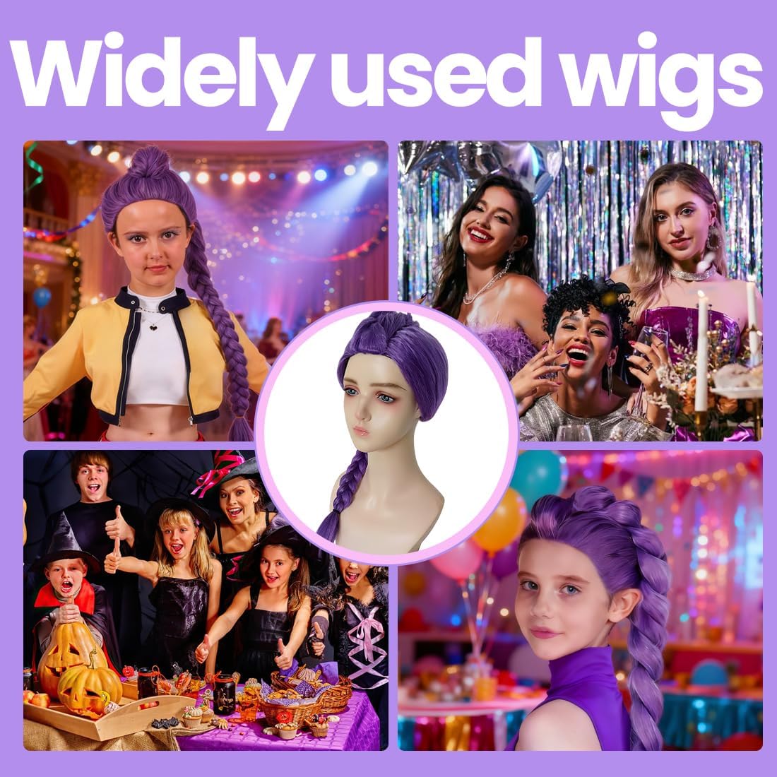 Perruque tressée violette - Cosplay Rumi Hunter - Taille enfant/adulte - Synthétique, accessoires Halloween