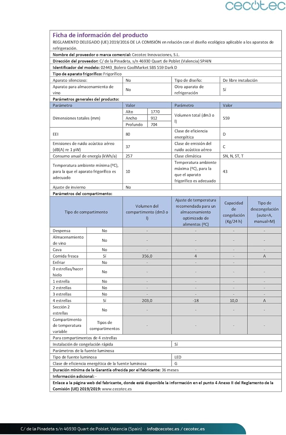 Cecotec - Bolero CoolMarket SBS 562 - 177x90cm - 559L, No Frost, Multi Air Flow, Inverter Plus